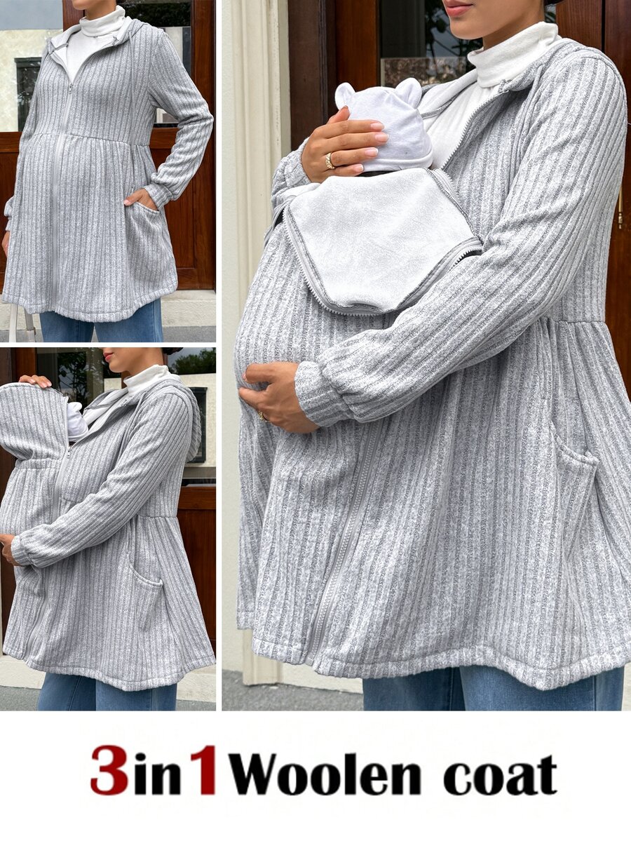SHEIN Áo khoác 3 trong 1 cho bà bầu, màu trơn, phong cách thường ngày, mặc hằng ngày - Xám - Xem 1