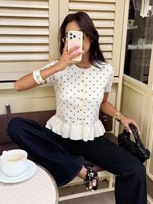 Serisse 女款溫柔法式波點荷葉邊針織開襟衫，秋冬優雅正式奢華商務時尚基礎款，聖誕返校穿搭 - 黑與白 - 查看 8