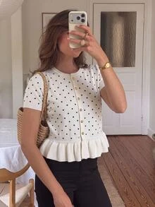 Serisse 女款溫柔法式波點荷葉邊針織開襟衫，秋冬優雅正式奢華商務時尚基礎款，聖誕返校穿搭 - 黑與白 - 查看 6