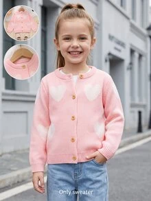 SHEIN Elladie kids 幼童女款愛心提花針織開襟衫 粉色圓領單排扣毛衣外套 春秋冬甜美嬰幼兒外衣 適合日常穿著、拍照、上學、旅行、度假、家庭聚會 - 粉色 - 查看 1