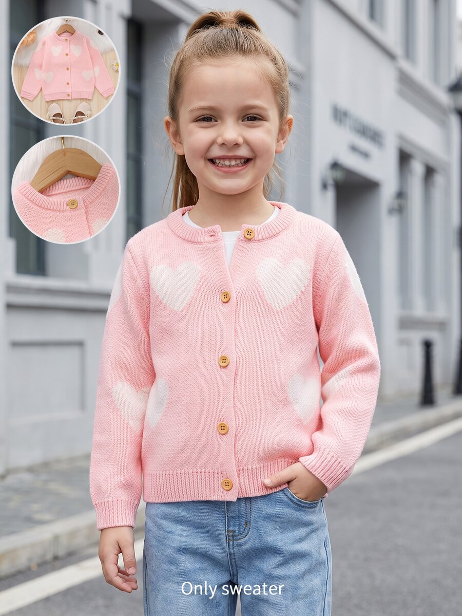 SHEIN Elladie kids 幼童女款愛心提花針織開襟衫 粉色圓領單排扣毛衣外套 春秋冬甜美嬰幼兒外衣 適合日常穿著、拍照、上學、旅行、度假、家庭聚會 - 粉色 - 查看 1