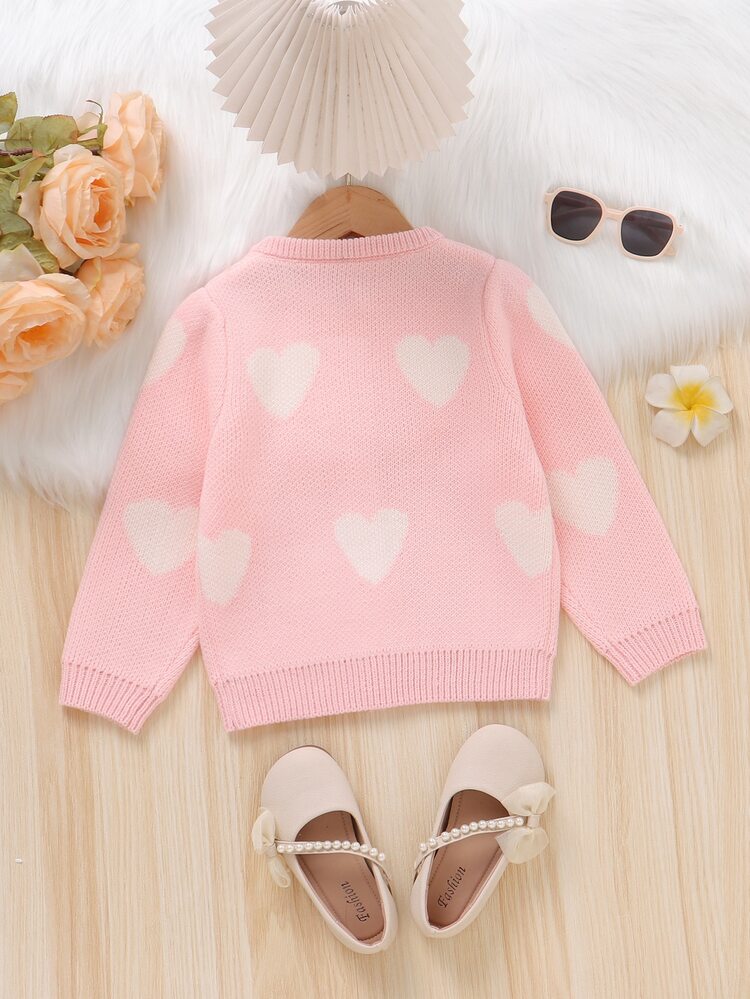 SHEIN Elladie kids Cardigan Rajut Jacquard Motif Hati untuk Balita Perempuan Warna Pink, Leher Bulat, Kancing Tunggal, Jaket Sweater Musim Semi, Gugur, Musim Dingin, Pakaian Luar Bayi dan Balita yang Manis, Cocok untuk Pemakaian Sehari-hari, Foto, Sekolah, Perjalanan, Liburan, dan Pertemuan Keluarga - Berwarna merah muda - View 2