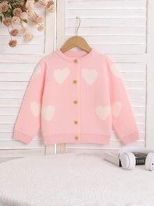 SHEIN Elladie kids 幼童女款愛心提花針織開襟衫 粉色圓領單排扣毛衣外套 春秋冬甜美嬰幼兒外衣 適合日常穿著、拍照、上學、旅行、度假、家庭聚會 - 粉色 - 查看 5