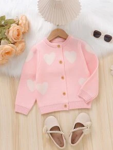SHEIN Elladie kids 幼童女款愛心提花針織開襟衫 粉色圓領單排扣毛衣外套 春秋冬甜美嬰幼兒外衣 適合日常穿著、拍照、上學、旅行、度假、家庭聚會 - 粉色 - 查看 7