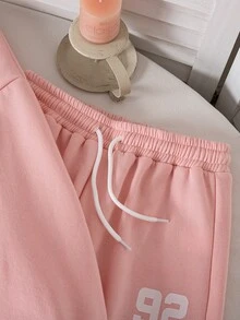 SHEIN 少女秋冬粉色運動衫套裝，長袖連帽運動衫與寬鬆休閒運動長褲套裝 - 粉色 - 查看 8