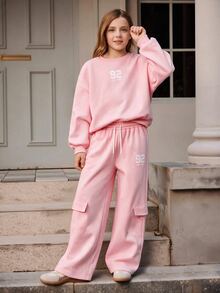 SHEIN 少女秋冬粉色運動衫套裝，長袖連帽運動衫與寬鬆休閒運動長褲套裝 - 粉色 - 查看 4