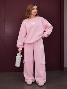 SHEIN 少女秋冬粉色運動衫套裝，長袖連帽運動衫與寬鬆休閒運動長褲套裝 - 粉色 - 查看 1