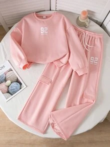 SHEIN 少女秋冬粉色運動衫套裝，長袖連帽運動衫與寬鬆休閒運動長褲套裝 - 粉色 - 查看 5