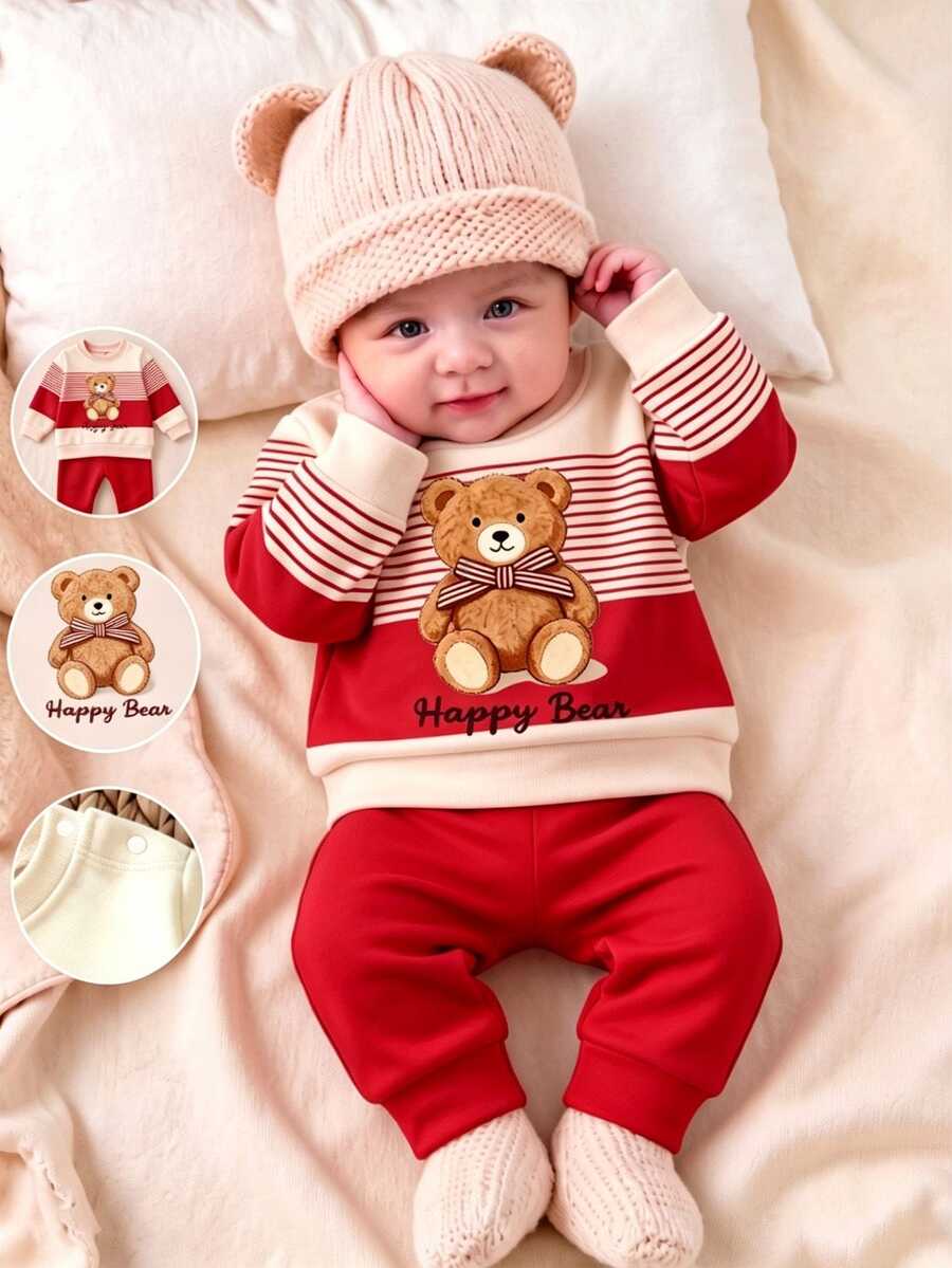Korean Style Cartoon Bear Newborn Set, Colorblock Fleece Sweatshirt + Cuffed Long Pants, 2 - Multicolor - View 1