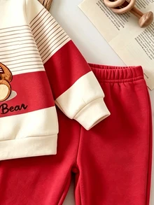 Korean Style Cartoon Bear Newborn Set, Colorblock Fleece Sweatshirt + Cuffed Long Pants, 2 - Multicolor - View 4