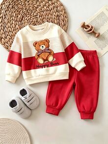 Korean Style Cartoon Bear Newborn Set, Colorblock Fleece Sweatshirt + Cuffed Long Pants, 2 - Multicolor - View 2