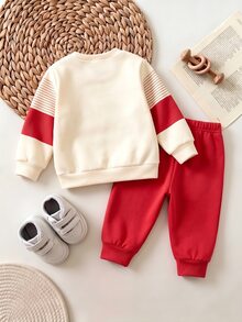 Korean Style Cartoon Bear Newborn Set, Colorblock Fleece Sweatshirt + Cuffed Long Pants, 2 - Multicolor - View 3