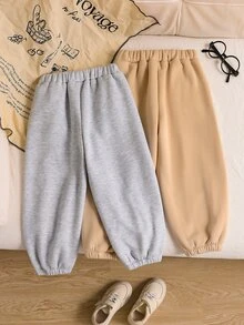 Elladie kids 女童男童 2件組收口運動長褲，鬆緊腰頭皮革拼接，寬鬆運動褲，灰色杏色，返校季，秋季穿搭，2026年秋冬 - 彩色 - 查看 2