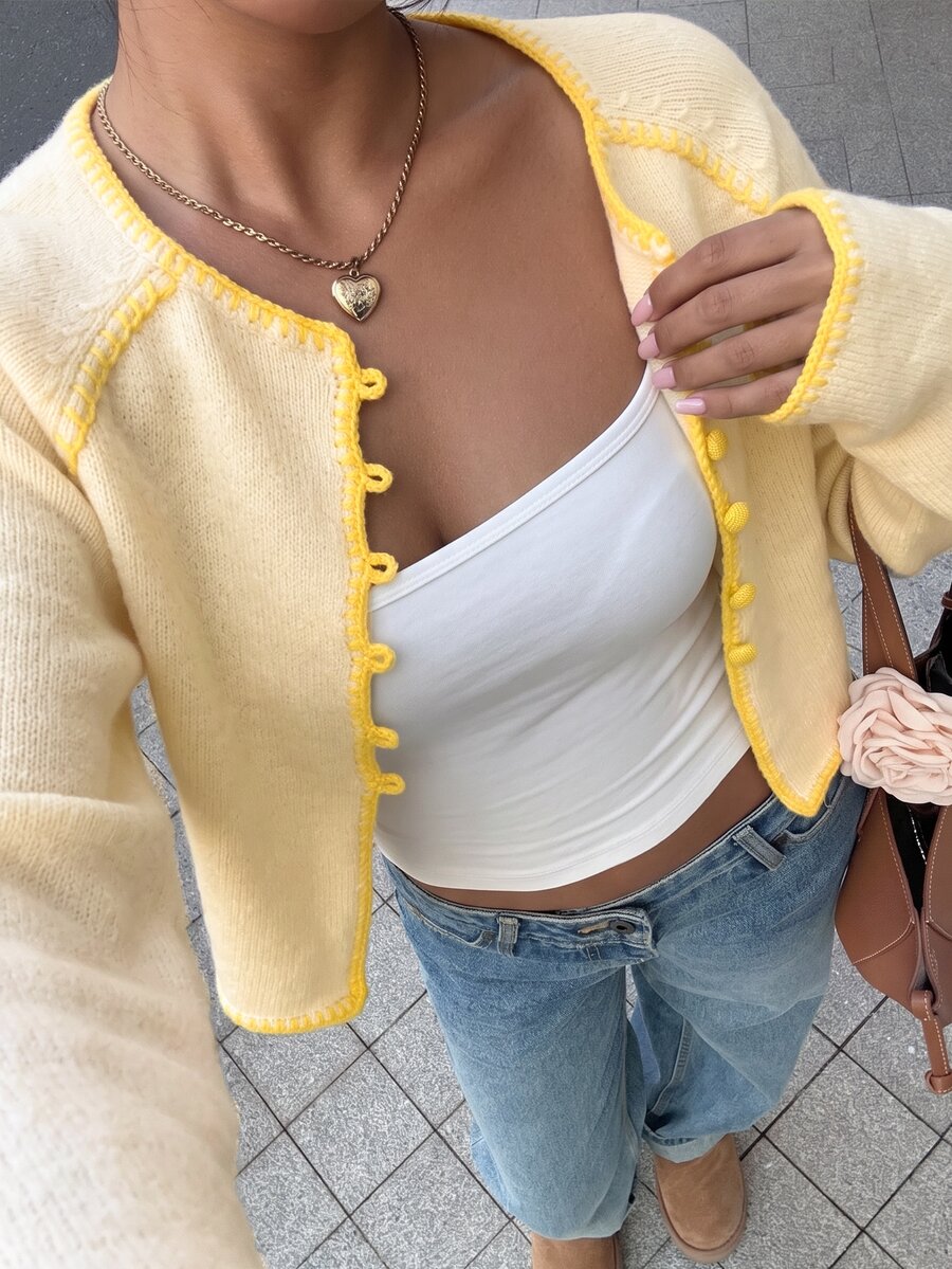 Autumina Women's Raglan Long Sleeve Single-Breasted Casual Knit Cardigan - Yellow - View 1