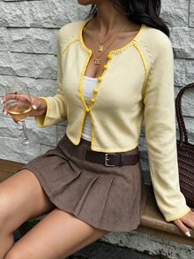 Autumina Women's Raglan Long Sleeve Single-Breasted Casual Knit Cardigan - Yellow - View 3