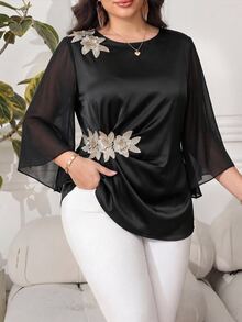 SHEIN Clasi Plus Size French Style 3D Floral Decor Pleated Satin Blouse Fall - Black - View 7