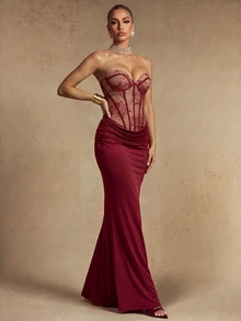 Silquee Women's Sexy Elegant Fishbone Lace Ruched Bandeau Dress - Burgundy - View 5