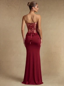 Silquee Women's Sexy Elegant Fishbone Lace Ruched Bandeau Dress - Burgundy - View 2