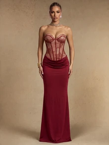 Silquee Women's Sexy Elegant Fishbone Lace Ruched Bandeau Dress - Burgundy - View 1