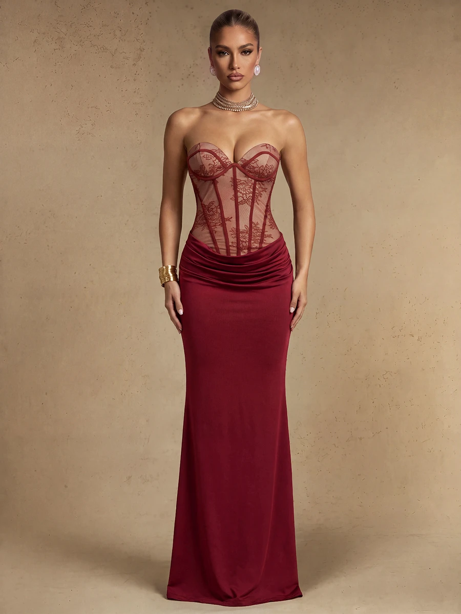 Silquee Women's Sexy Elegant Fishbone Lace Ruched Bandeau Dress - Burgundy - View 1