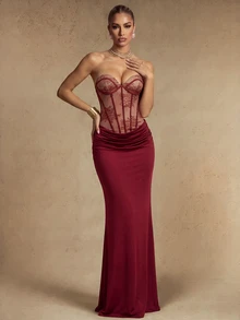 Silquee Women's Sexy Elegant Fishbone Lace Ruched Bandeau Dress - Burgundy - View 7