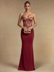 Silquee Women's Sexy Elegant Fishbone Lace Ruched Bandeau Dress - Burgundy - View 4