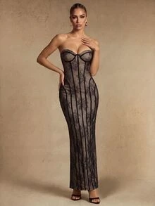 Silquee Gaun Elegan Tanpa Tali Bahu untuk Wanita, Pas Badan, Cocok untuk Acara Pesta Liburan - Hitam - View 6