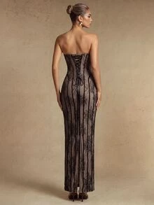 Silquee Gaun Elegan Tanpa Tali Bahu untuk Wanita, Pas Badan, Cocok untuk Acara Pesta Liburan - Hitam - View 2