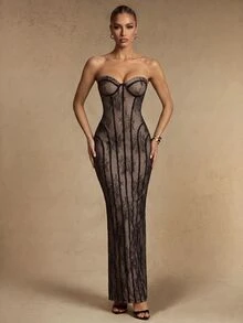 Silquee Gaun Elegan Tanpa Tali Bahu untuk Wanita, Pas Badan, Cocok untuk Acara Pesta Liburan - Hitam - View 1