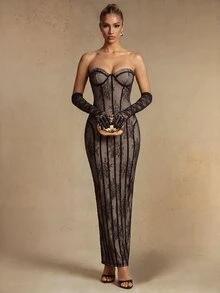 Silquee Gaun Elegan Tanpa Tali Bahu untuk Wanita, Pas Badan, Cocok untuk Acara Pesta Liburan - Hitam - View 4