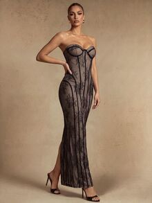 Silquee Gaun Elegan Tanpa Tali Bahu untuk Wanita, Pas Badan, Cocok untuk Acara Pesta Liburan - Hitam - View 5
