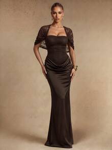 Silquee This Elegant Brown Satin Draped Dress Featuring Lace Detailing Is An Ideal Choice For The Autumn And Winter Seasons, Perfect For Weddings, Birthdays, - Brown - View 4