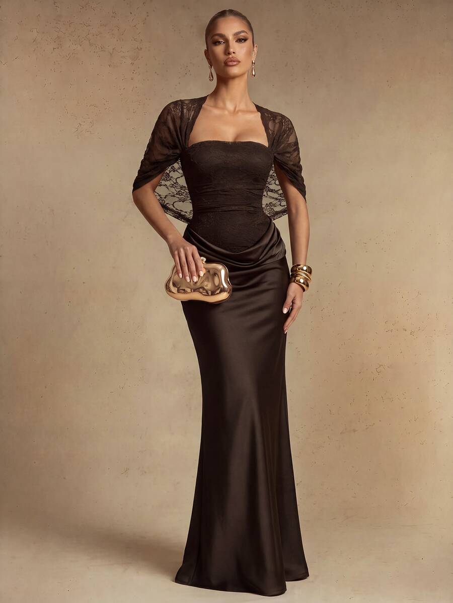 Silquee This Elegant Brown Satin Draped Dress Featuring Lace Detailing Is An Ideal Choice For The Autumn And Winter Seasons, Perfect For Weddings, Birthdays, - Brown - View 1