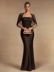 Silquee This Elegant Brown Satin Draped Dress Featuring Lace Detailing Is An Ideal Choice For The Autumn And Winter Seasons, Perfect For Weddings, Birthdays, - Brown - View 7
