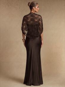 Silquee This Elegant Brown Satin Draped Dress Featuring Lace Detailing Is An Ideal Choice For The Autumn And Winter Seasons, Perfect For Weddings, Birthdays, - Brown - View 2