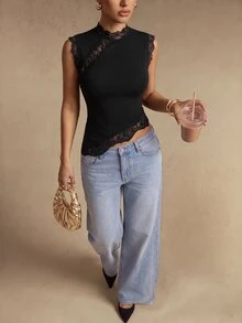 Silquee Elegant Women's Black Slim-Fit Autumn/Winter Vest With Lace Details. - Black - View 5