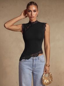 Silquee Elegant Women's Black Slim-Fit Autumn/Winter Vest With Lace Details. - Black - View 7