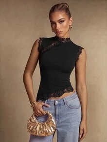 Silquee Elegant Women's Black Slim-Fit Autumn/Winter Vest With Lace Details. - Black - View 4