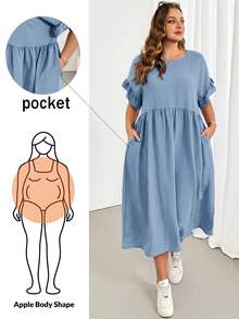 Shapeblank Plus Size Women's Solid Color Round Neck Batwing Short Sleeve Pocket Casual Traditional Alternative Dress Dusty Blue Summer - Blue - View 2
