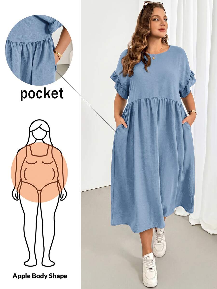 Shapeblank Plus Size Women's Solid Color Round Neck Batwing Short Sleeve Pocket Casual Traditional Alternative Dress Dusty Blue Summer