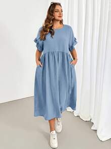 Shapeblank Plus Size Women's Solid Color Round Neck Batwing Short Sleeve Pocket Casual Traditional Alternative Dress Dusty Blue Summer - Blue - View 4