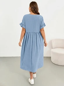 Shapeblank Plus Size Women's Solid Color Round Neck Batwing Short Sleeve Pocket Casual Traditional Alternative Dress Dusty Blue Summer - Blue - View 3