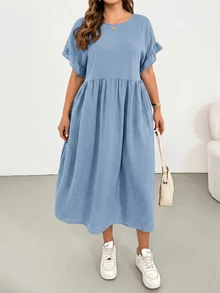 Shapeblank Plus Size Women's Solid Color Round Neck Batwing Short Sleeve Pocket Casual Traditional Alternative Dress Dusty Blue Summer - Blue - View 5