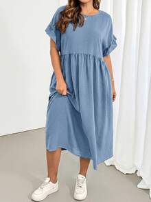 Shapeblank Plus Size Women's Solid Color Round Neck Batwing Short Sleeve Pocket Casual Traditional Alternative Dress Dusty Blue Summer - Blue - View 6