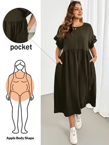 Shapeblank Plus Size Fashion Vacation Round Neck Pleated Pocket Dress For Commuting And Office - Army Green - View 2