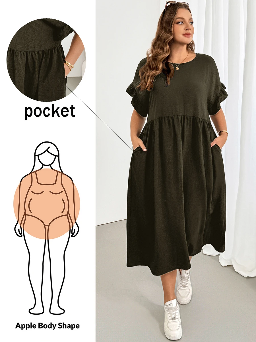 Shapeblank Plus Size Fashion Vacation Round Neck Pleated Pocket Dress For Commuting And Office
