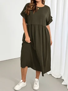 Shapeblank Plus Size Fashion Vacation Round Neck Pleated Pocket Dress For Commuting And Office - Army Green - View 6