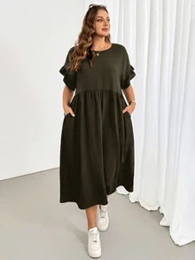 Shapeblank Plus Size Fashion Vacation Round Neck Pleated Pocket Dress For Commuting And Office - Army Green - View 4