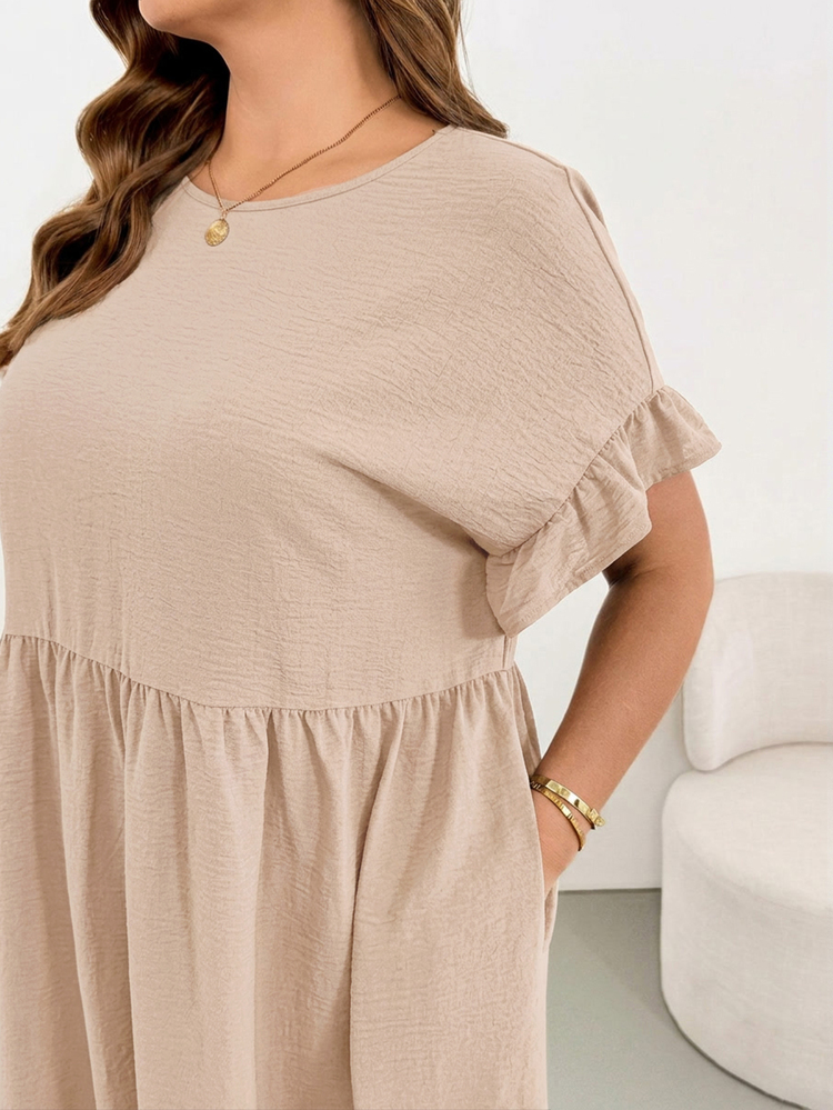 Shapeblank Plus-Size Women's Spring/Summer Casual Loose Comfortable Holiday Vacation Basic Slimming Ruffled Sleeves Pocket Peach Midi Dress Formal Bussines Beige - Apricot - View 6