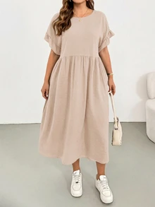 Shapeblank Vestido midi negro de mujer talla grande, primavera/verano, casual, holgado, cómodo, básico, versátil, efecto adelgazante, mangas con volantes, con bolsillos, estilo sencillo, atuendos de verano, verano europeo - Albaricoque - Ver 4